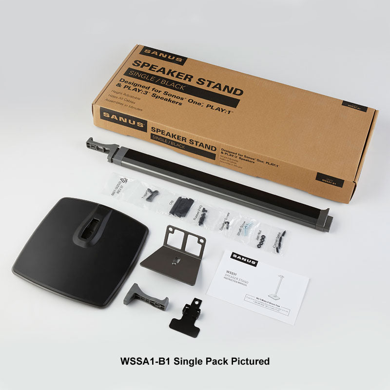 Sanus Sonos Wireless Speaker Stand WSSA2-B1, speaker stand kit components and packaging