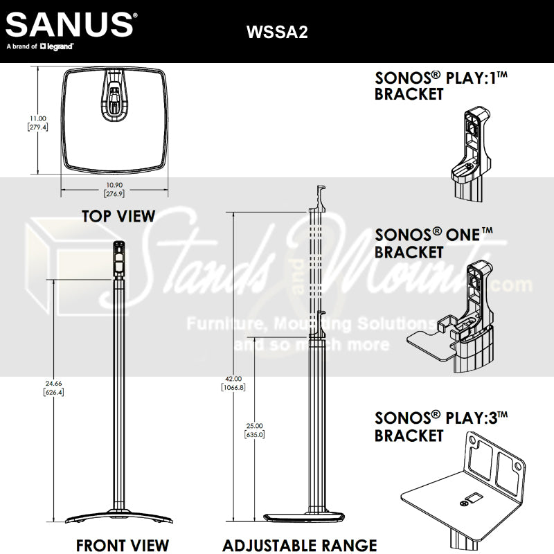 Sanus Sonos Wireless Speaker Stand WSSA2-B1, speaker stand dimensions and adapter compatibility diagram