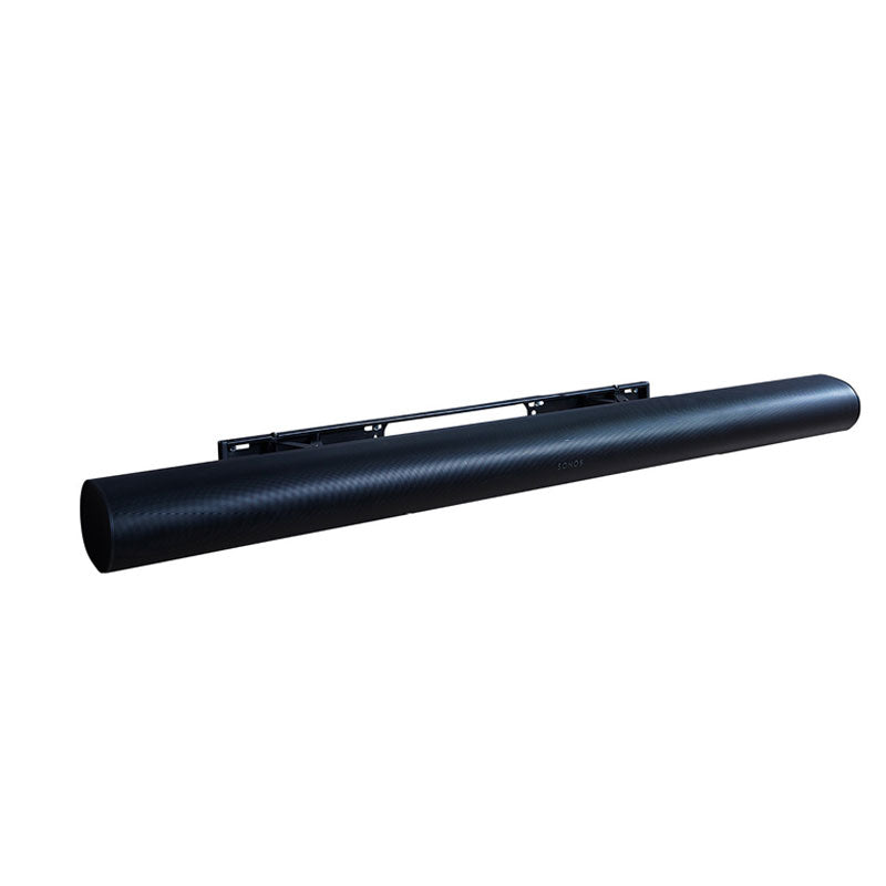 Sanus Soundbar Wall Mount WSSAWM1-B2, black soundbar with mounting rail front three-quarter view