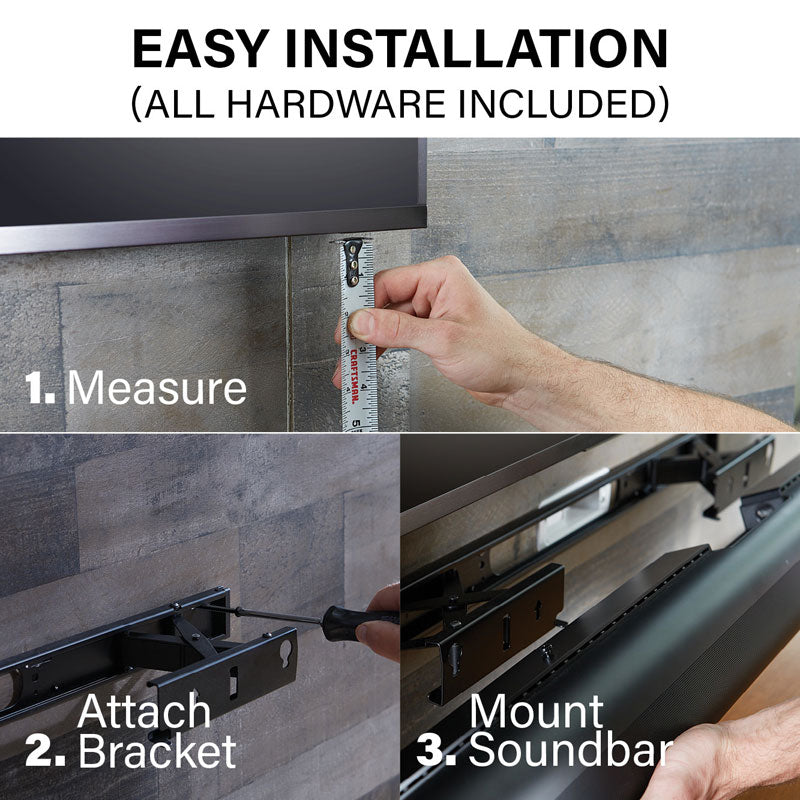 Sanus Soundbar Wall Mount WSSAWM1-B2, three-step soundbar mount installation diagram