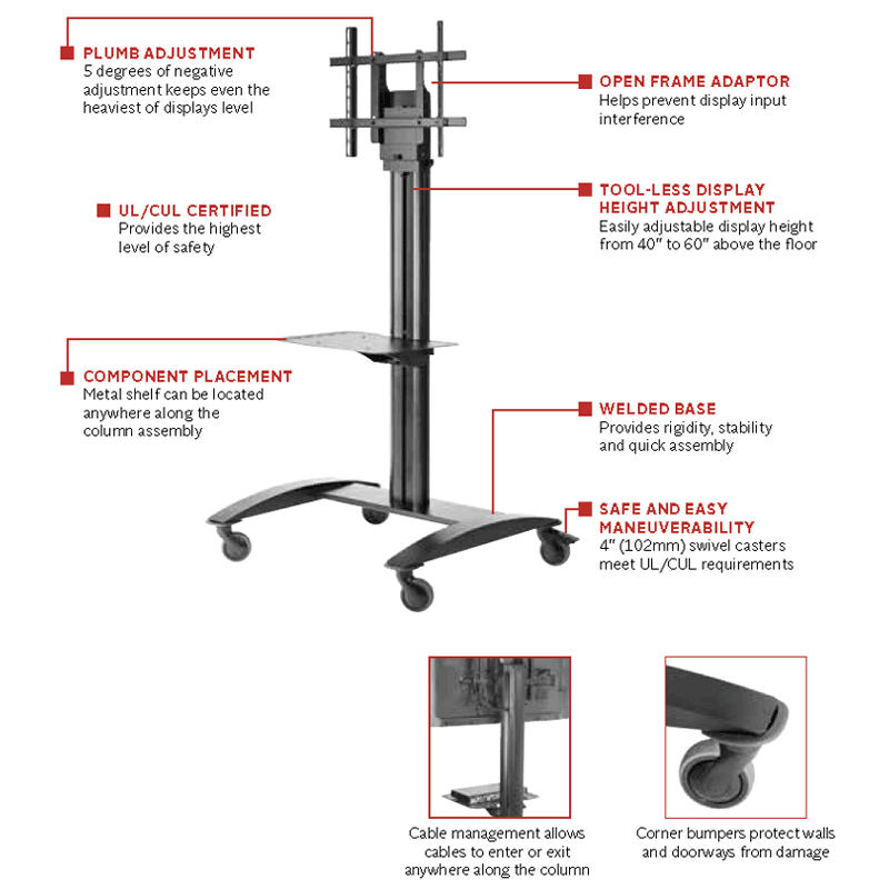Peerless-AV SmartMount Full Featured Large Universal TV Cart SR575M, mobile display cart features diagram