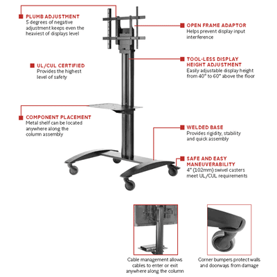 Peerless-AV SmartMount Full Featured Large Universal TV Cart SR575M, mobile display cart features diagram