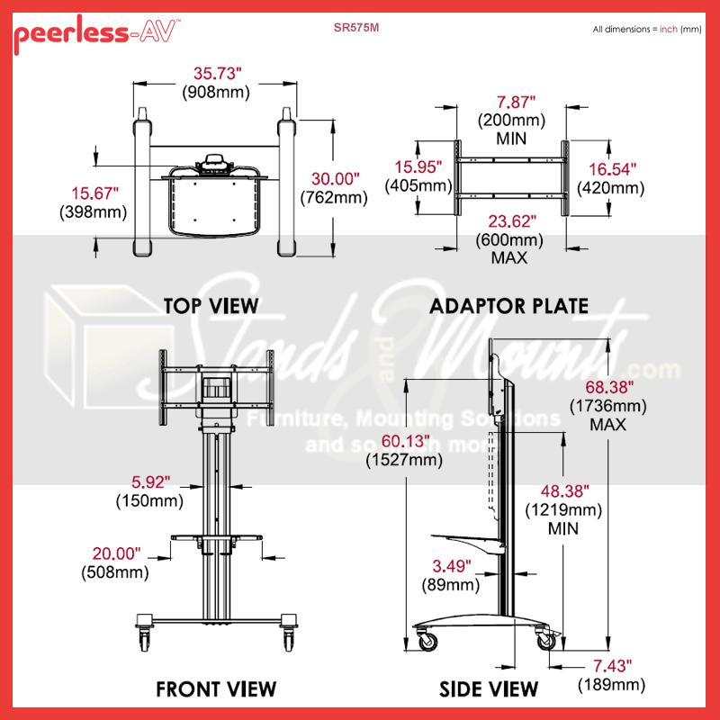 Peerless-AV SmartMount Full Featured Large Universal TV Cart SR575M, mobile display cart technical dimensions diagram