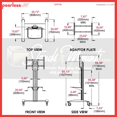 Peerless-AV SmartMount Full Featured Large Universal TV Cart SR575M, mobile display cart technical dimensions diagram