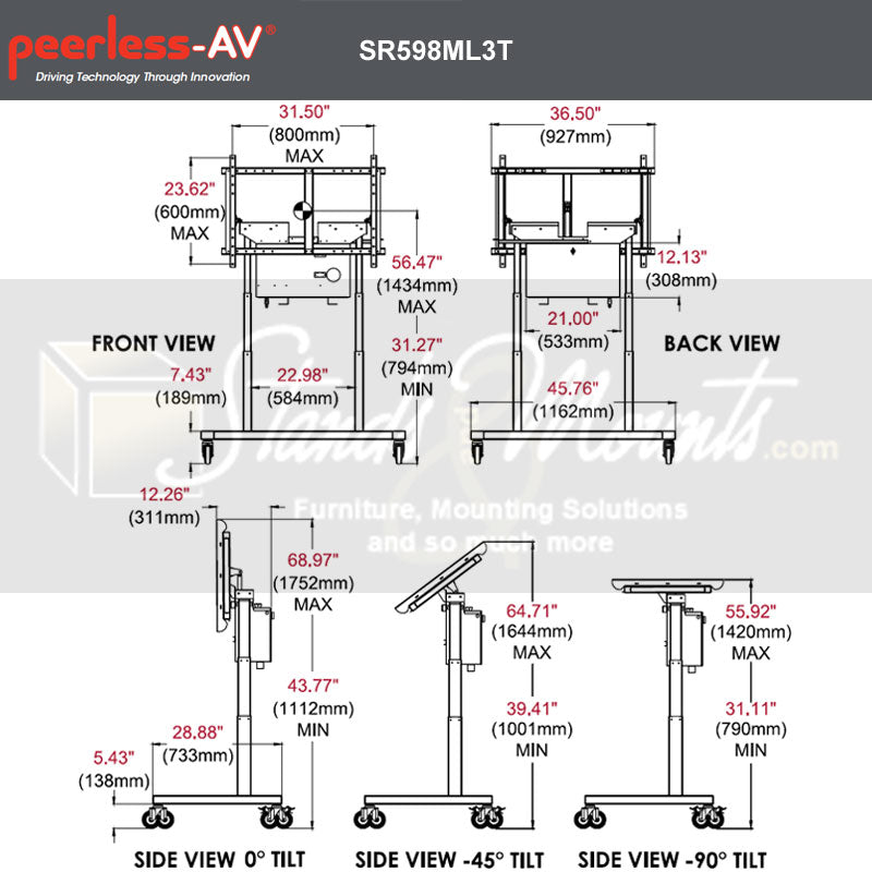 Peerless-AV SmartMount Motorized Height Adjust Tabletop Cart, SR598ML3T, mobile touchscreen stand technical dimensions