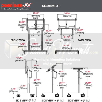Peerless-AV SmartMount Motorized Height Adjust Tabletop Cart, SR598ML3T, mobile touchscreen stand technical dimensions