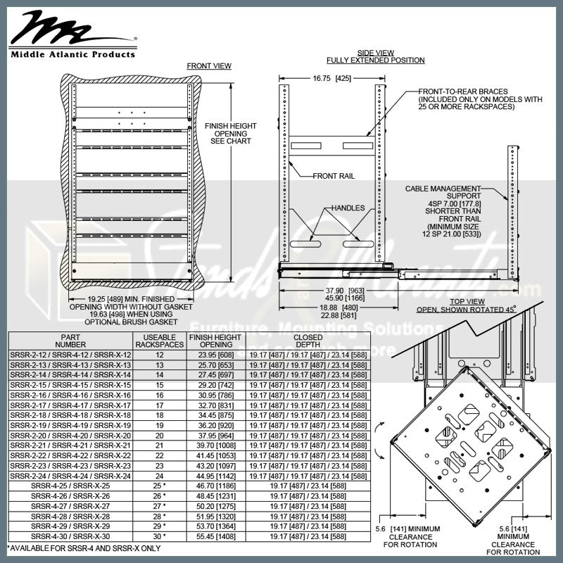 Middle Atlantic Slide Out and Rotate Rack SRSR-4-22, audio equipment rack dimensions diagram
