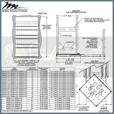 Middle Atlantic Slide Out and Rotate Rack SRSR-4-22, audio equipment rack dimensions diagram