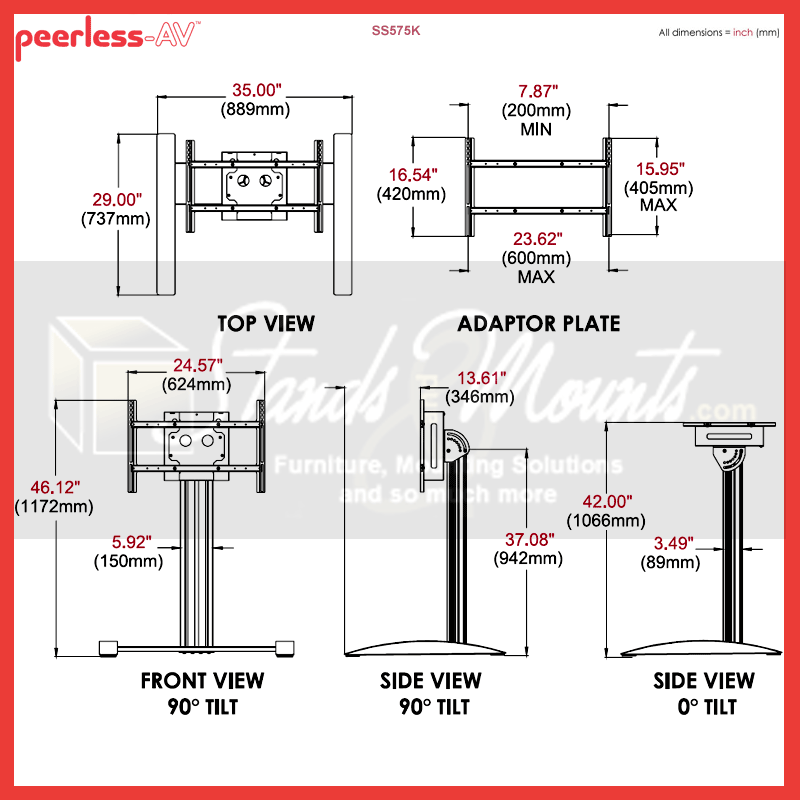 Peerless-AV Large Universal Kiosk Stand SS575K, touchscreen floor stand dimensions diagram