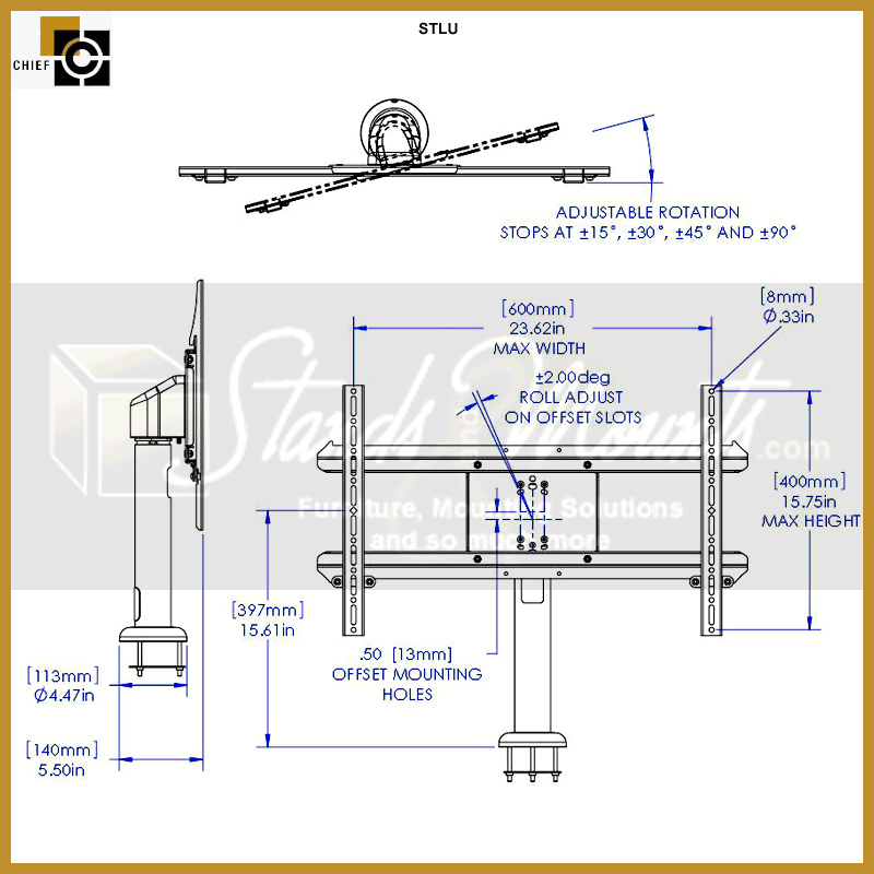 Chief Medium Swivel Bolt Down Table Stand STLU, pole-mounted TV bracket technical dimensions