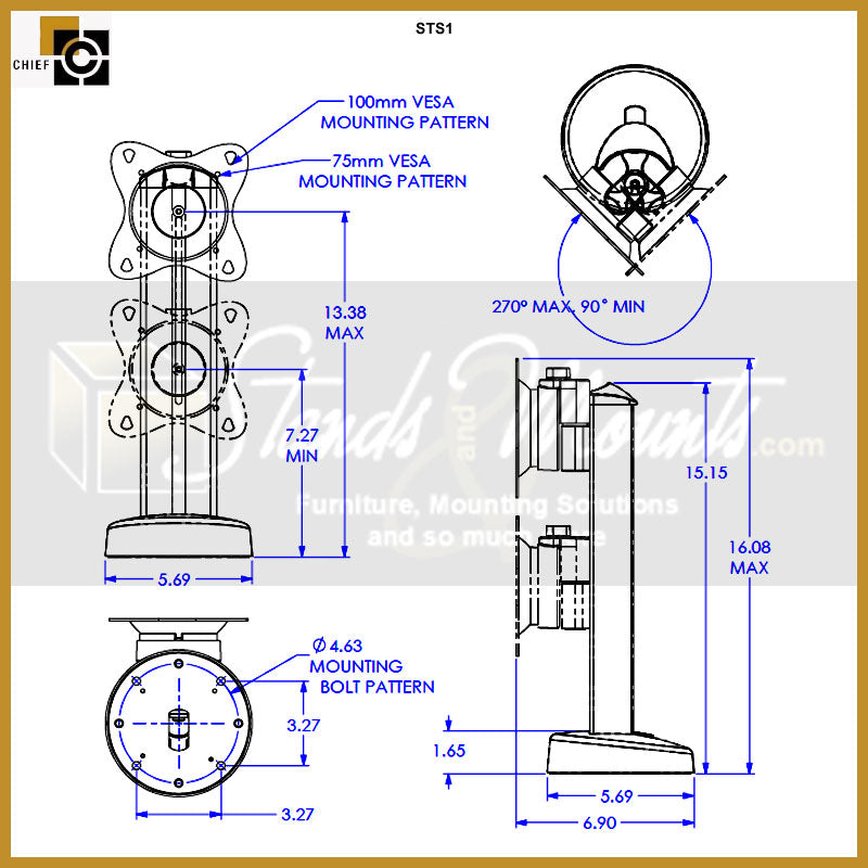 Chief Small Swivel Bolt Down Table Stand STS1, tabletop display mount dimensions diagram