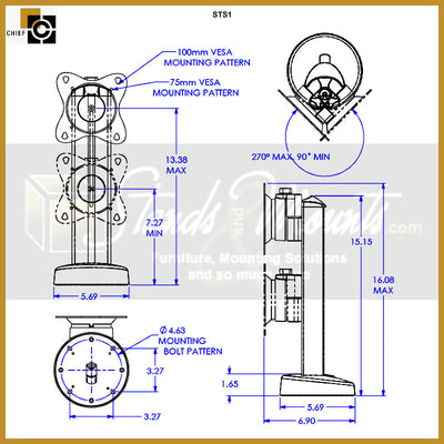 Chief Small Swivel Bolt Down Table Stand STS1, tabletop display mount dimensions diagram