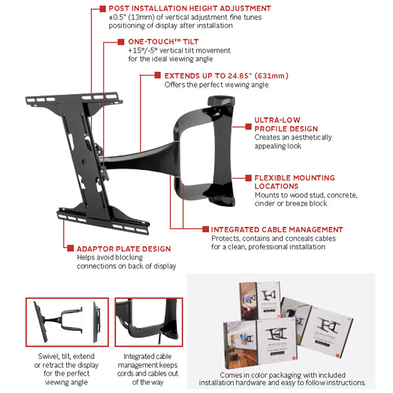 Peerless-AV Large Ultra-Thin Articulating TV Mount SUA747PU, articulating wall mount features diagram