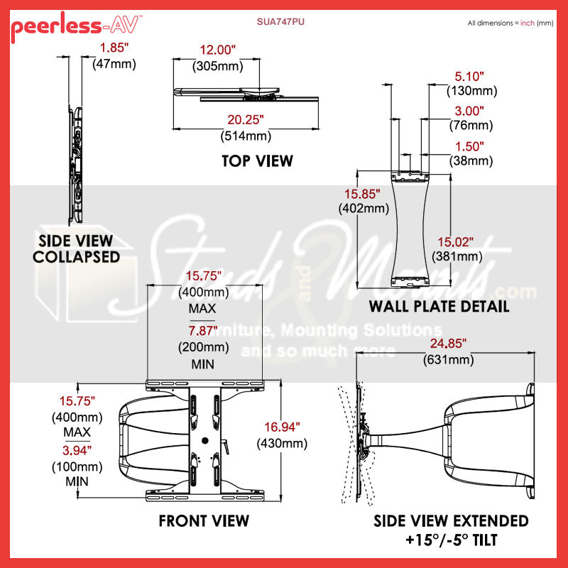 Peerless-AV Large Ultra-Thin Articulating TV Mount SUA747PU, articulating wall mount technical dimensions diagram