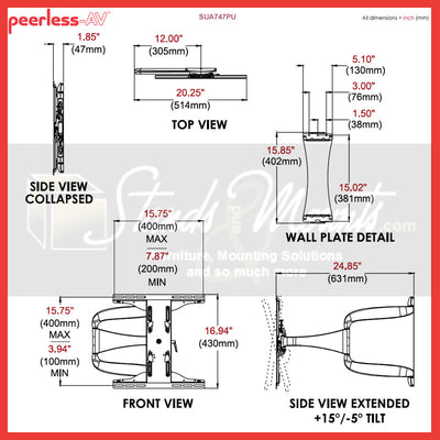 Peerless-AV Large Ultra-Thin Articulating TV Mount SUA747PU, articulating wall mount technical dimensions diagram