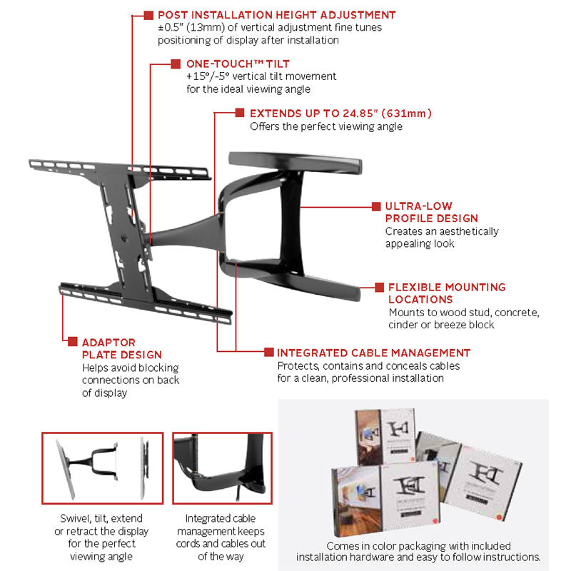 Peerless-AV Large Ultra-Thin Articulating TV Mount SUA761PU, articulating TV mount feature diagram