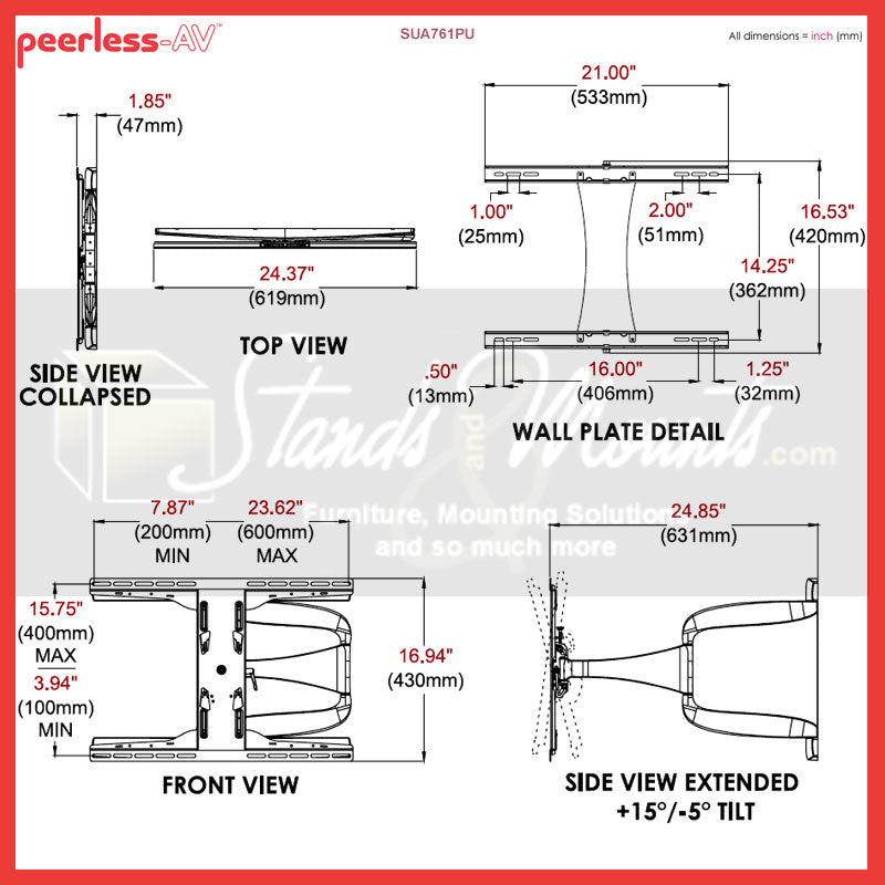Peerless-AV Large Ultra-Thin Articulating TV Mount SUA761PU, articulating TV mount technical dimensions