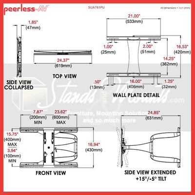 Peerless-AV Large Ultra-Thin Articulating TV Mount SUA761PU, articulating TV mount technical dimensions
