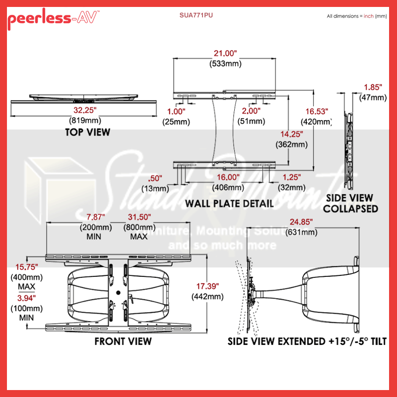 Peerless-AV XL Ultra-Thin Articulating TV Mount SUA771PU, tilting display mount dimensions diagram