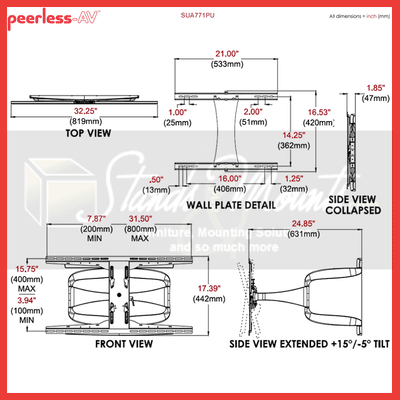 Peerless-AV XL Ultra-Thin Articulating TV Mount SUA771PU, tilting display mount dimensions diagram