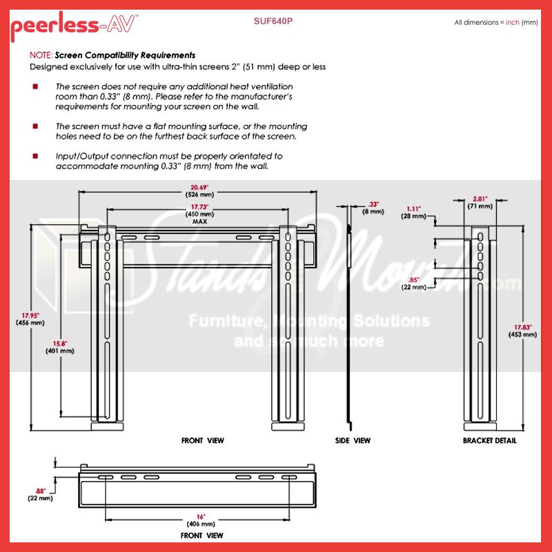 Peerless-AV Ultra Thin Flat TV Wall Mount for Mid Size Screens SUF640P, television wall mount dimensions diagram