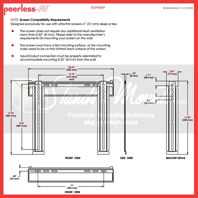 Peerless-AV Ultra Thin Flat TV Wall Mount for Mid Size Screens SUF640P, television wall mount dimensions diagram