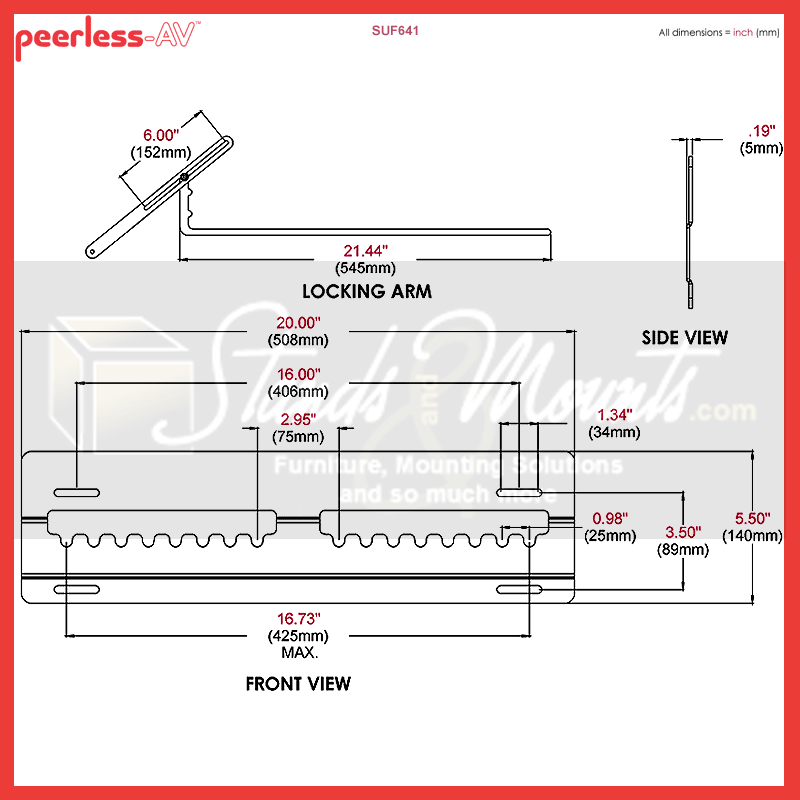 Peerless-AV Ultra Thin Flat Wall Mount for Mid Size Screens SUF641, sliding equipment shelf technical dimensions