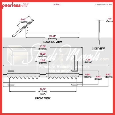 Peerless-AV Ultra Thin Flat Wall Mount for Mid Size Screens SUF641, sliding equipment shelf technical dimensions