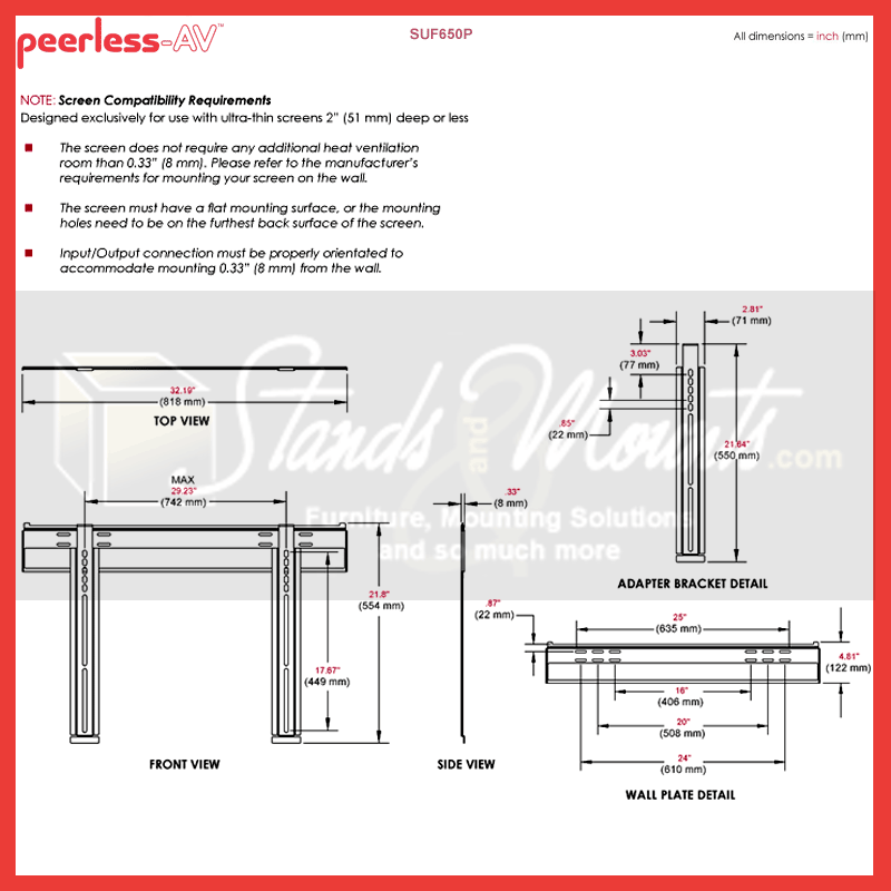 Peerless-AV Ultra Thin Flat TV Wall Mount for Large Screens SUF650P, ultra-thin screen wall mount dimensions diagram