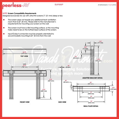 Peerless-AV Ultra Thin Flat TV Wall Mount for Large Screens SUF650P, ultra-thin screen wall mount dimensions diagram