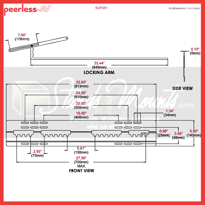 Peerless-AV Ultra Thin Flat TV Wall Mount for Large Screens SUF651, fold-down shelf dimensions diagram