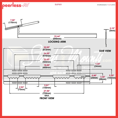 Peerless-AV Ultra Thin Flat TV Wall Mount for Large Screens SUF651, fold-down shelf dimensions diagram