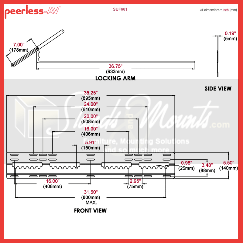 Peerless-AV Ultra Thin Flat Wall Mount for XL Screens SUF661, display mount locking arm technical dimensions