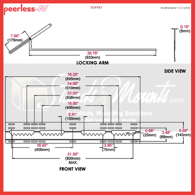 Peerless-AV Ultra Thin Flat Wall Mount for XL Screens SUF661, display mount locking arm technical dimensions