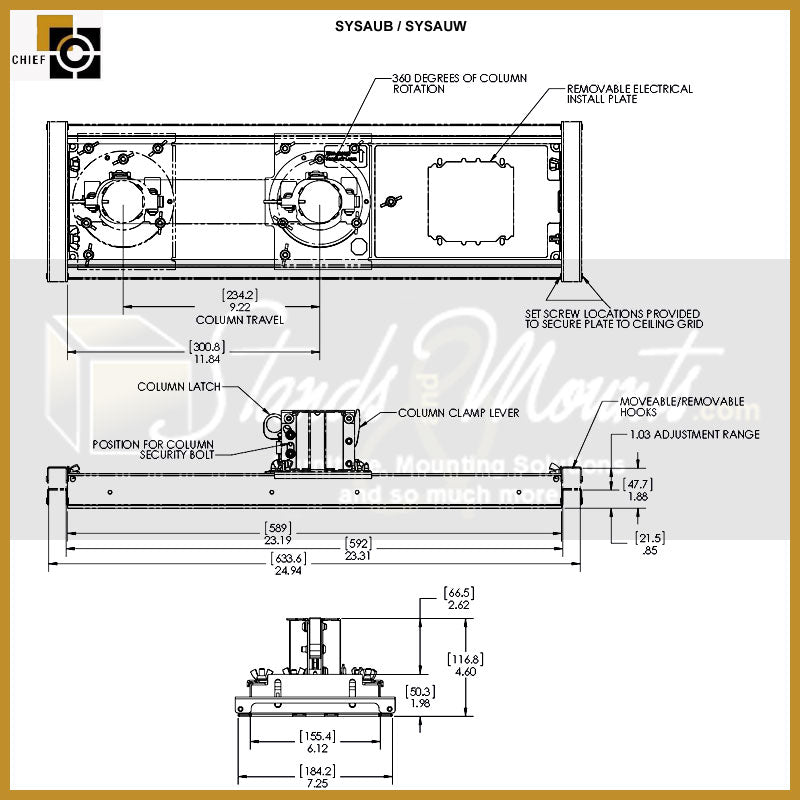 Chief Suspended Ceiling Projector System SYS474UW, projector mounting plate dimensions diagram