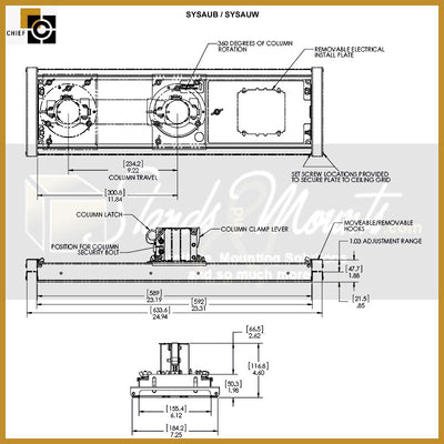 Chief Suspended Ceiling Projector System SYS474UW, projector mounting plate dimensions diagram