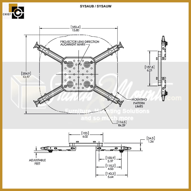 Chief Suspended Ceiling Projector System SYS474UW, projector mounting interface dimensions diagram
