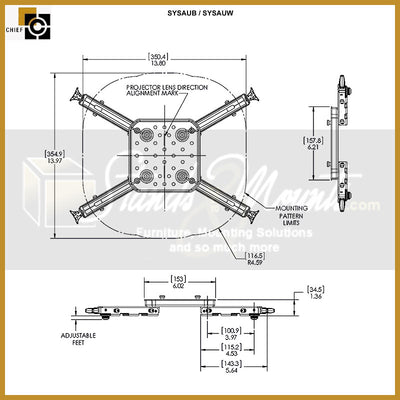 Chief Suspended Ceiling Projector System SYS474UW, projector mounting interface dimensions diagram