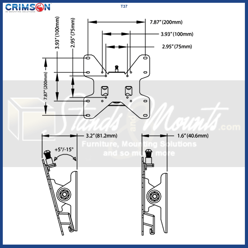 Crimson Medium Tilt TV Wall Mount T37, flat display mounting plate dimensions diagram