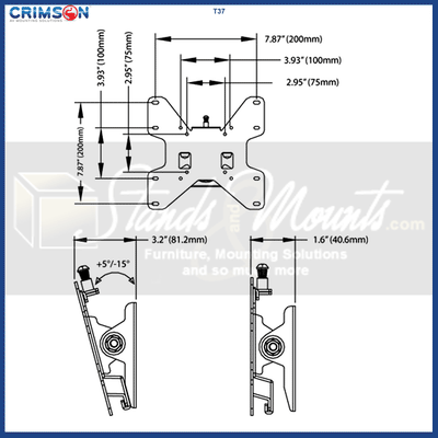 Crimson Medium Tilt TV Wall Mount T37, flat display mounting plate dimensions diagram