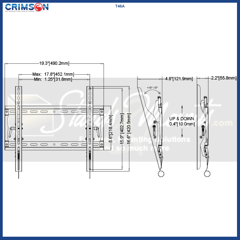 Crimson Medium Tilt TV Wall Mount T46A, tilting TV wall mount dimensions diagram