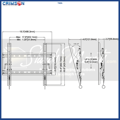 Crimson Medium Tilt TV Wall Mount T46A, tilting TV wall mount dimensions diagram
