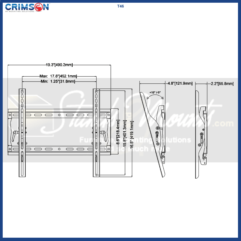 Crimson Medium Tilt TV Wall Mount T46, tilting wall mount technical dimensions and tilt range