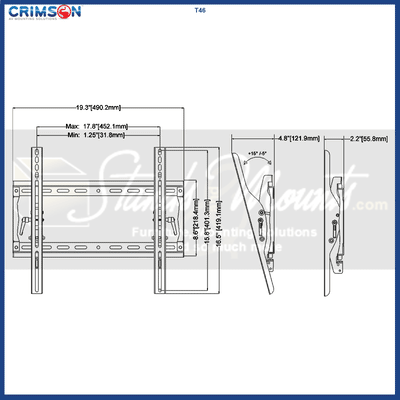 Crimson Medium Tilt TV Wall Mount T46, tilting wall mount technical dimensions and tilt range