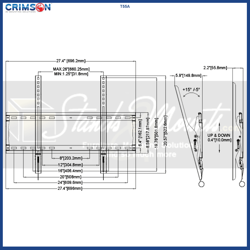 Crimson Large Tilt TV Wall Mount T55A, tilting wall mount dimensions diagram