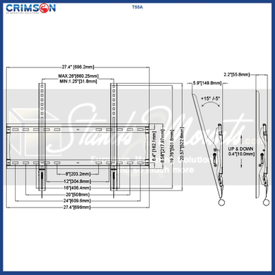 Crimson Large Tilt TV Wall Mount T55A, tilting wall mount dimensions diagram