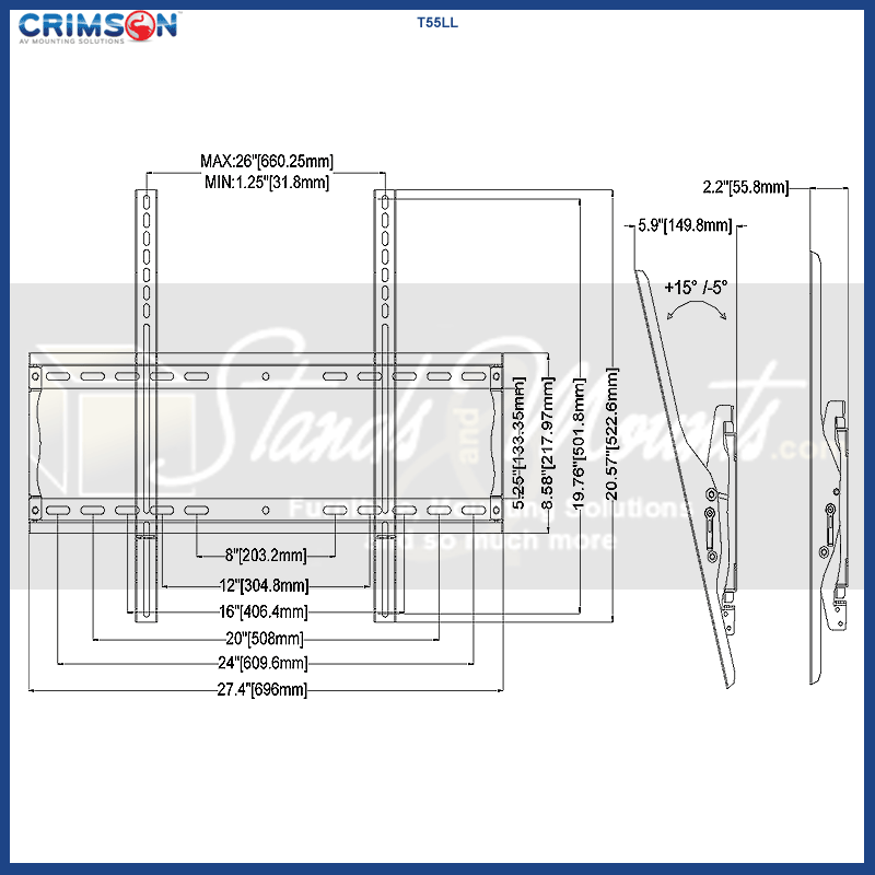 Crimson Large Tilt TV Wall Mount T55LL, large tilting wall mount technical dimensions