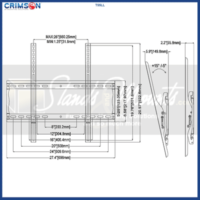 Crimson Large Tilt TV Wall Mount T55LL, large tilting wall mount technical dimensions