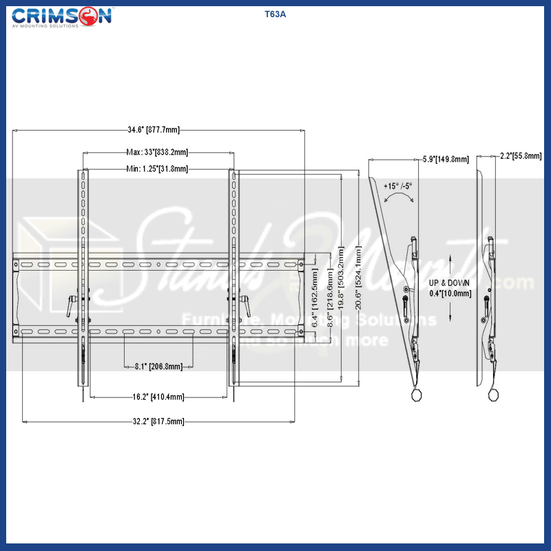 Crimson Large Tilt TV Wall Mount T63A, fixed television wall mount technical dimensions diagram