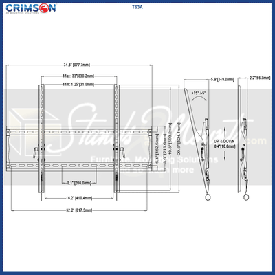 Crimson Large Tilt TV Wall Mount T63A, fixed television wall mount technical dimensions diagram